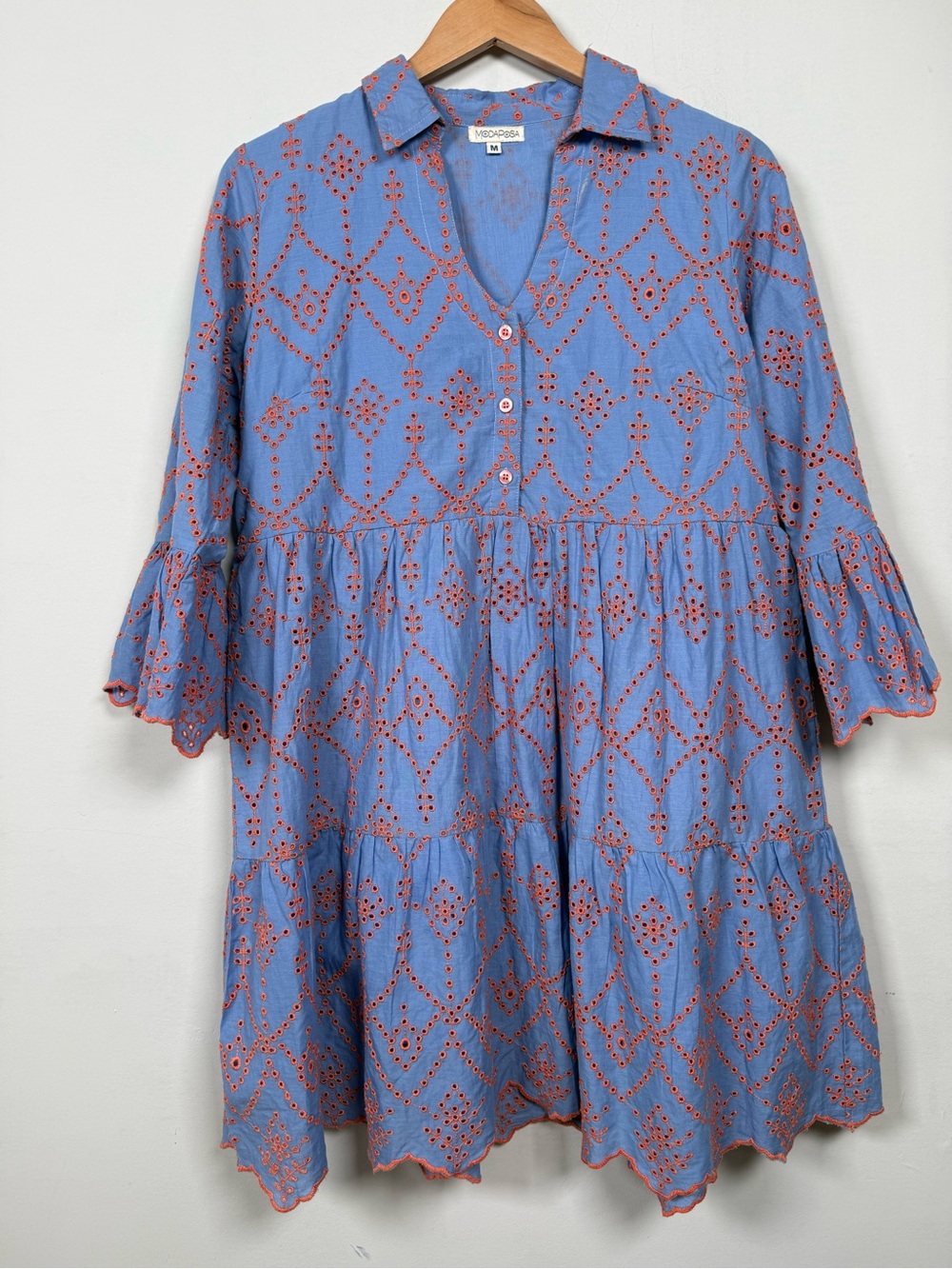 Moda Posa Cadenza Flared Sleeve Eyelet Empire Short Dress, Size M, 100% Cotton